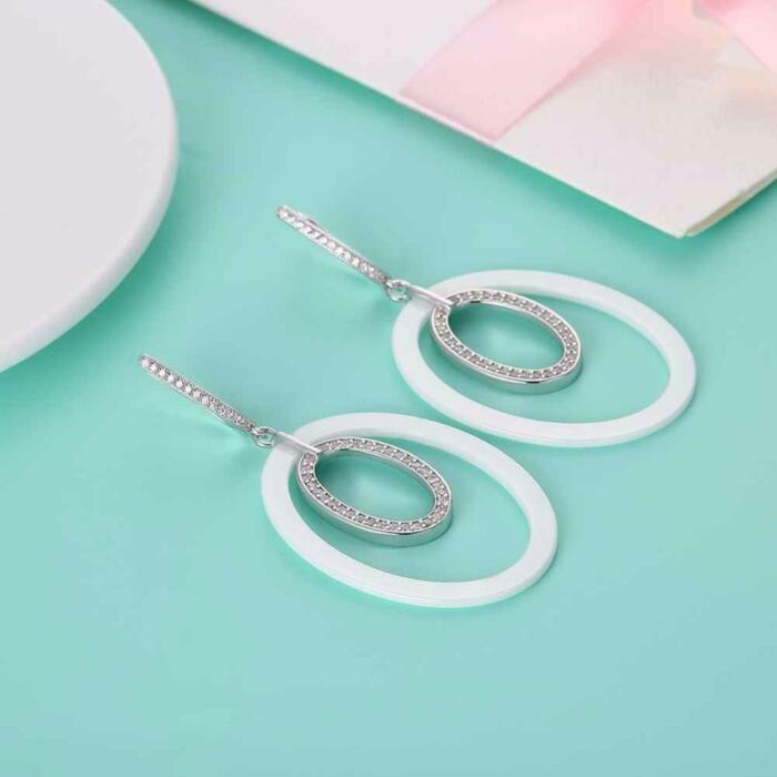 925 Sterling Silver Drop Earrings - Ellipse Style Ceramic Dangle Earring - Trendy Fashion Earring Jewelry - Micro-Inserted Zircon Eardrop Gift - Perfect Jewelry Collection For Girls Of All Ages