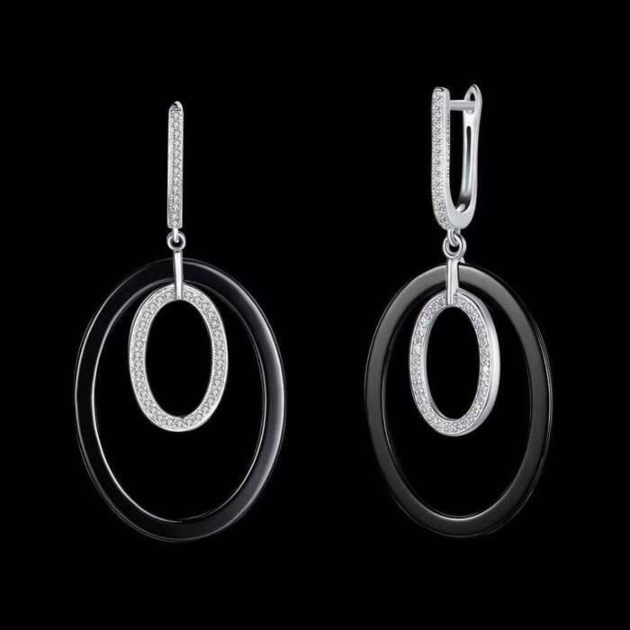 Sterling Silver Drop Earrings - Vintage Black Ellipse Ceramic Earrings