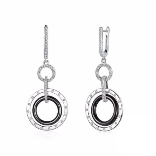 925 Sterling Silver Black Ceramic Round Drop Earring, Fashion Jewelry Gift for Women, Perfect Gift for Her