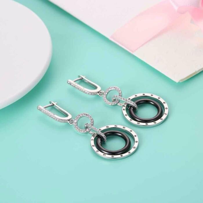 Sterling Silver Black Ceramic Round Drop Earring