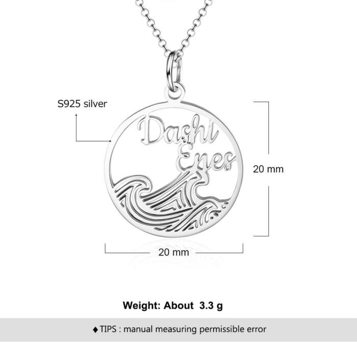 Personalized Sterling Silver Necklace with Wave Shape Customized 2 Names Circle Pendant