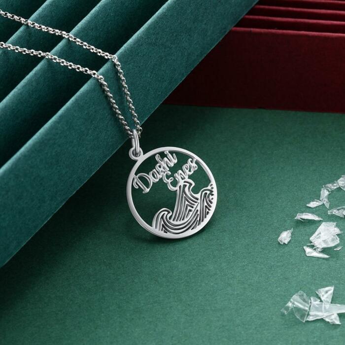 Personalized 925 Sterling Silver Necklace for Women with Wave Shape Customized 2 Names Circle Pendant, Anniversary Gift