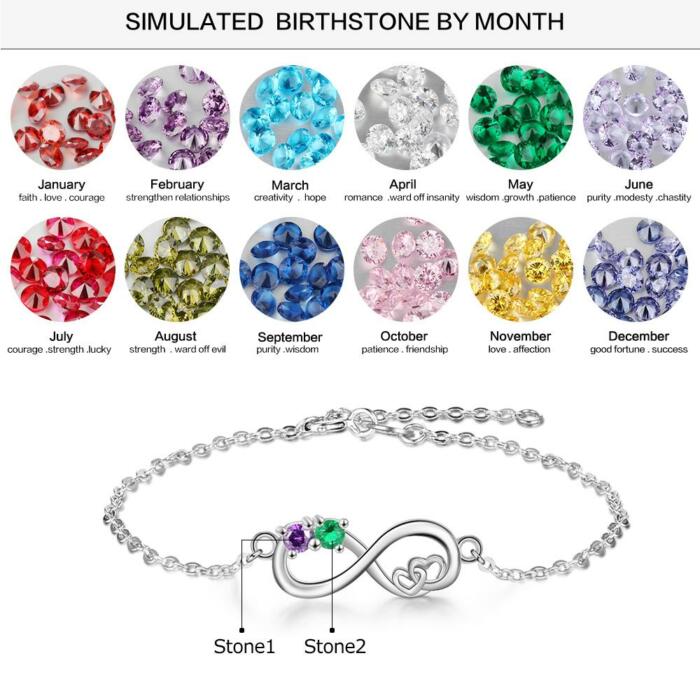 Personalized Heart Chain Infinity Bangle Bracelets with 2 Customized Birthstones