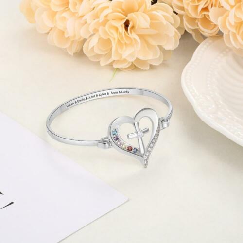 Personalized 925 Sterling Silver Ring for Mothers - Customized 5 Names Engraving and 5 Heart-Shaped Birthstones Ring