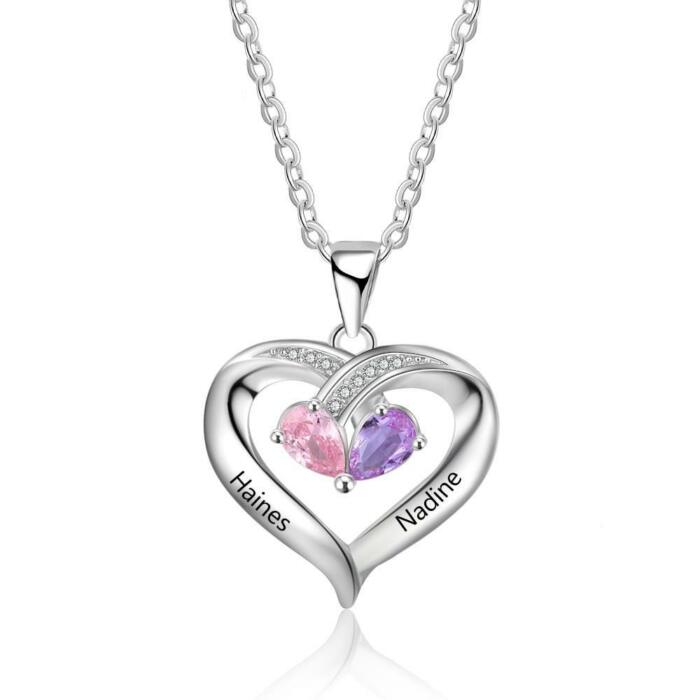 Silver Heart Pendant - Two Personalized Birthstones & Name Engravings Necklace