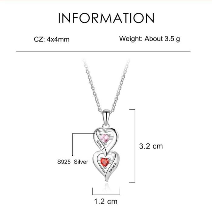 925 Sterling Silver Heart Necklace for Women, Two Customized Birthstones & Engraving Heart Pendant