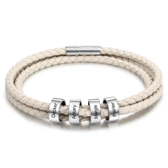 Custom Leather Engraved Bracelet - 4 Silver Name Beads Personalized Bracelet