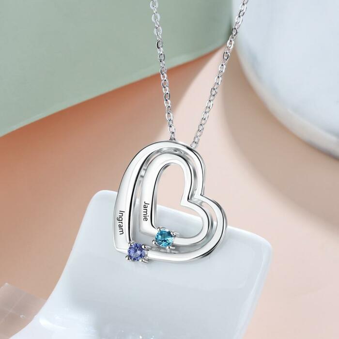 Personalized Heart Name Necklace with 2 Birthstones Custom Engraving Pendants for Women Mother's Day Gifts