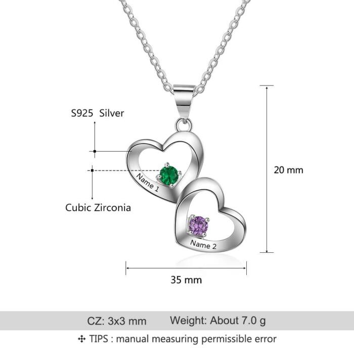 Customized 2 Birthstones Heart Necklace Personalized Engraving Pendant