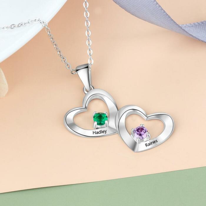 Customized 2 Birthstones Heart Necklace Personalized Engraving Pendant