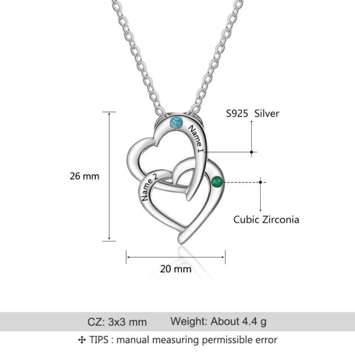Personalized 925 Sterling Silver Interlocking Heart Necklace with 2 Birthstones Custom Engraved Name Silver Pendants for Women