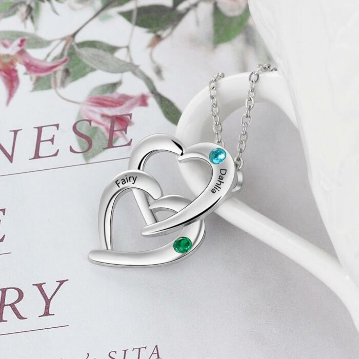 Personalized Sterling Silver Interlocking Heart Necklace with 2 Birthstones Custom Engraved Name