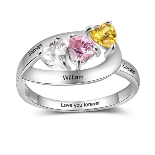 Personalized Double Top Rings - Engrave Three Custom Name & Three Birthstone - Heart Stoned Wedding Rings - Trendy Customized Rings - Perfect Choice For Women of All Ages