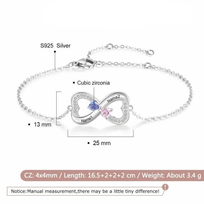 Customized Infinity Bracelet for Women- 925 Sterling Silver Bracelet for Women- Infinity Bracelet With Heart Birthstones- Fashion Accessory for Women- Sterling Silver Everyday Wear Bracelet- Engraved Bracelet for Women