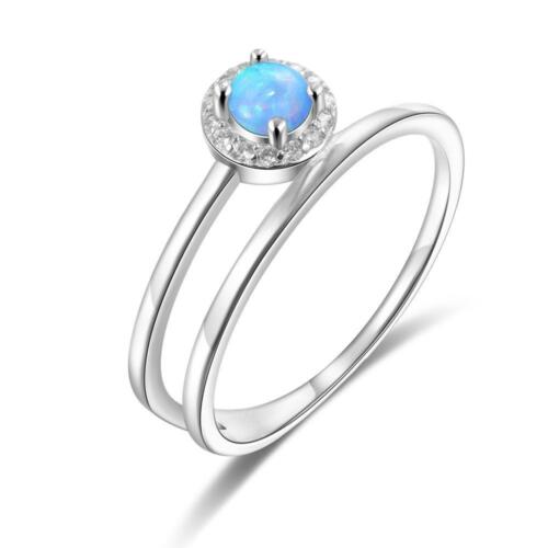 Unisex Personalized Double Top Rings - Round Blue Opal Stone - 925 Sterling Silver Double Layered Minimalist Ring - Trendy Wedding Bands Women - Suitable for Friends & Family