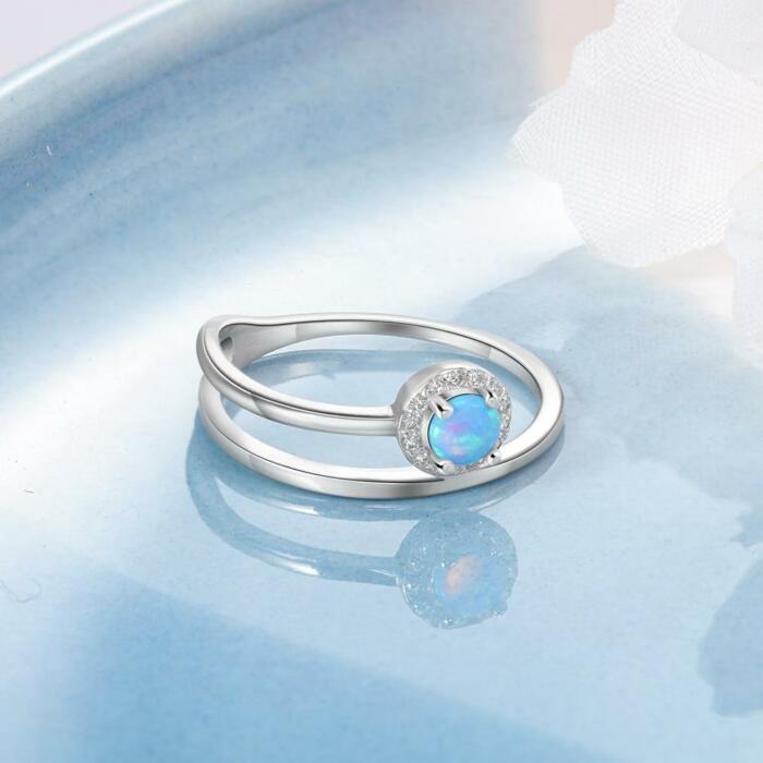 Unisex Personalized Double Top Rings - Round Blue Opal Stone - 925 Sterling Silver Double Layered Minimalist Ring - Trendy Wedding Bands Women - Suitable for Friends & Family