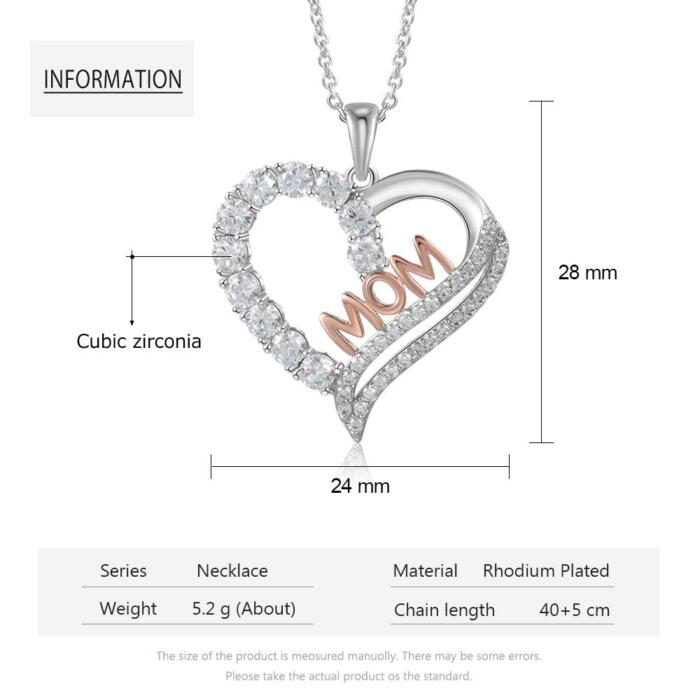 Silver Color Copper Necklace with Luxury Heart-Shaped CZ Paved Pendant, Fashion Jewelry Gift for Mother’s Day