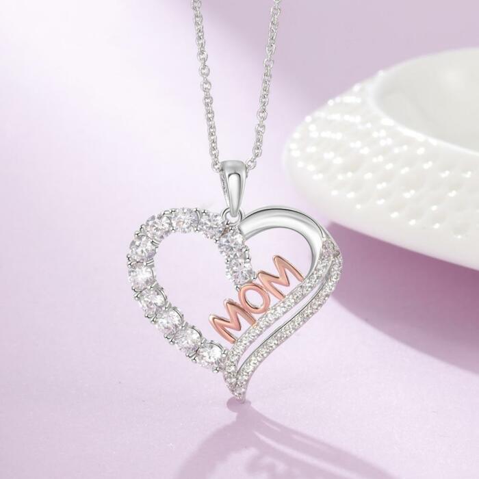 Silver Color Copper Necklace with Luxury Heart-Shaped CZ Paved Pendant, Fashion Jewelry Gift for Mother’s Day