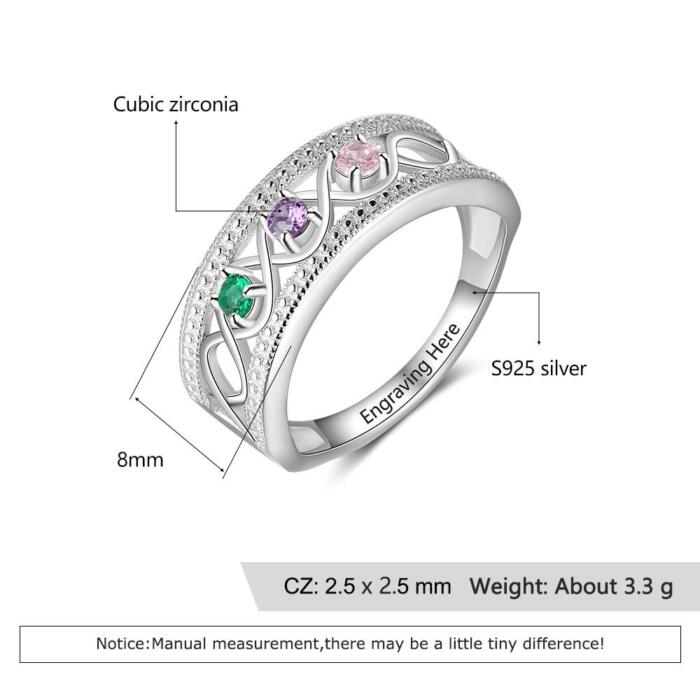Personalized 925 Sterling Silver Rings - Engraving 3 Birthstone and Inner Engravings - On-Trend Fashion Ring - Gift Jewelry for Friends & Family - Perfect Jewelry Collection For Women Of all Ages