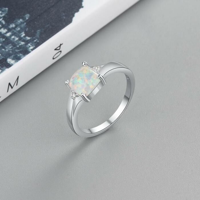 Personalized 925 Sterling Silver Classic Band, Square White Opal Stone, Elegant Ring for Women, Fashion Jewelry Gift for Women, Wedding Silver Ring Band