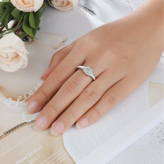 Personalized 925 Sterling Silver Classic Band, Square White Opal Stone, Elegant Ring for Women, Fashion Jewelry Gift for Women, Wedding Silver Ring Band