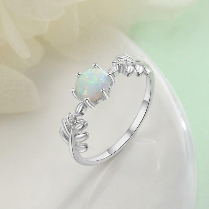 925 Sterling Silver Cute Branch Engagement Ring with Round White Opal Stone - Cubic Zirconia Leaf Wedding Band - Cubic Zirconia Rings for Women - Perfect Choice For Women Of All Ages