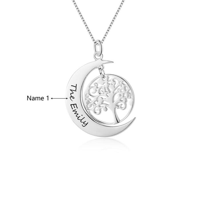 Personalized Tree of Life Moon Pendant - One Name Engraving Pendant