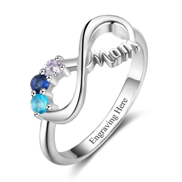 Infinity Sterling Silver Women Ring - 3 Birthstones Engraved