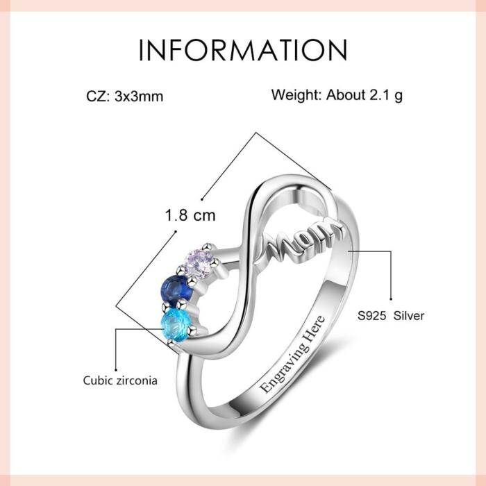 Infinity 925 Sterling Silver Women Ring- 3 Birthstones Engraved- Stylish Ladies Ring