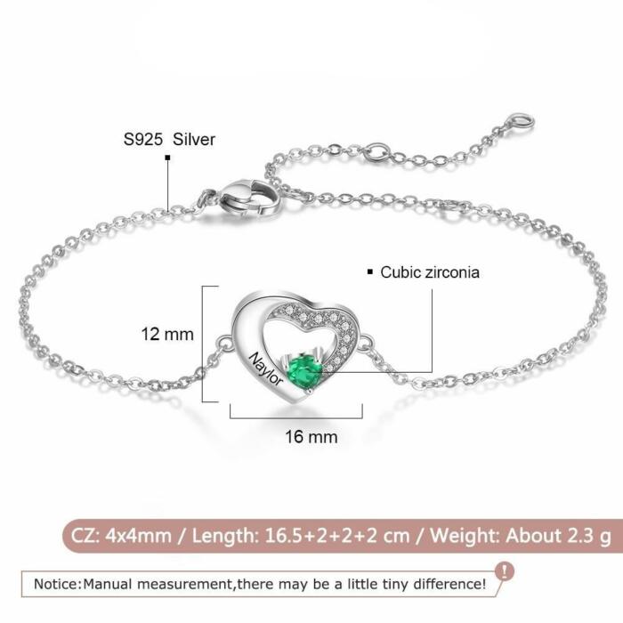 Sterling Silver Heart Bracelet - Customized Name Birthstone Engraved