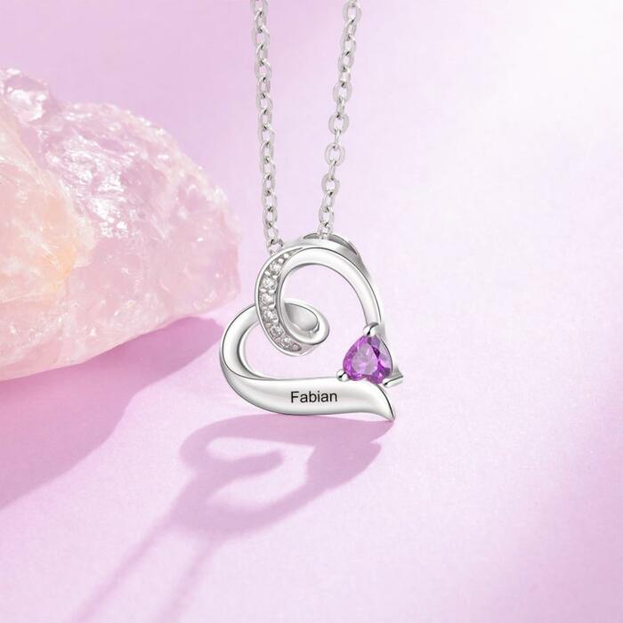 Sterling Silver Heart Pendant Necklace - Birthstone Engraved