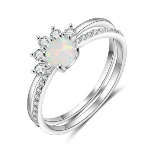 Round White Opal Crown Wedding Ring - Sterling Silver Ring - Trendy Engagement Ring Gift for Women - Fashion Ring Jewelry Gift for Women, Men - Unisex Wedding Silver Ring Band