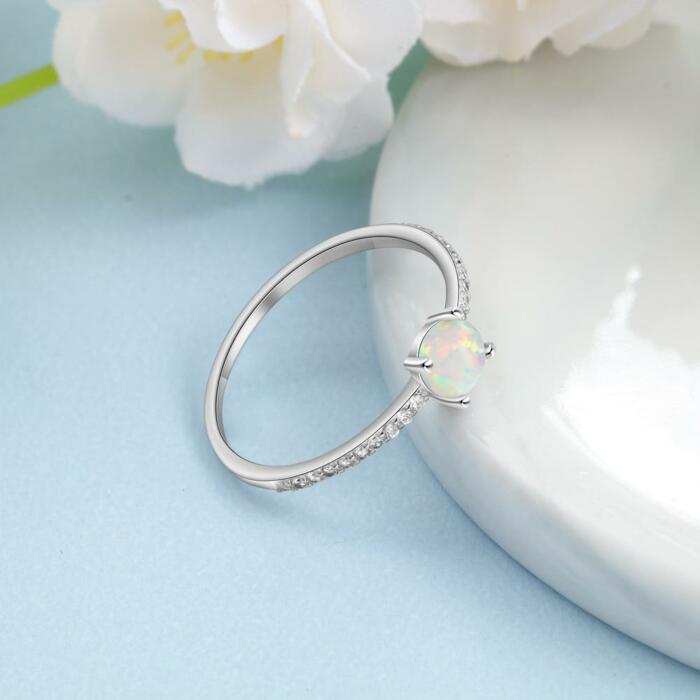 Round White Opal Crown Wedding Ring - Sterling Silver Ring - Trendy Engagement Ring Gift for Women - Fashion Ring Jewelry Gift for Women, Men - Unisex Wedding Silver Ring Band
