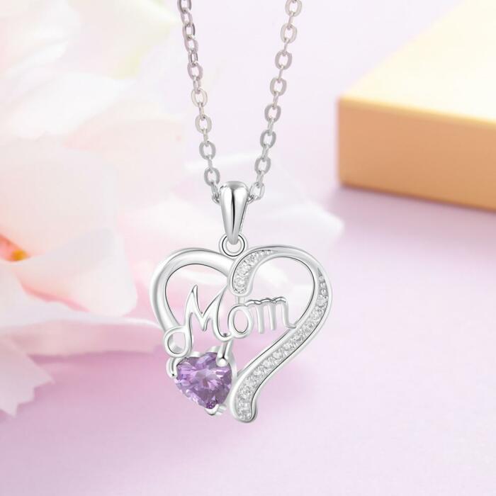 Stylish Heart and Stone Necklace - Personalized Birthstone with Mom Written Pendant