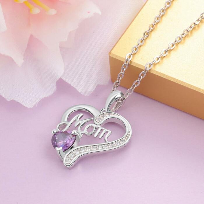 Stylish Heart and Stone Pendant for Women, Personalized Birthstone with Mom written Pendant Necklace
