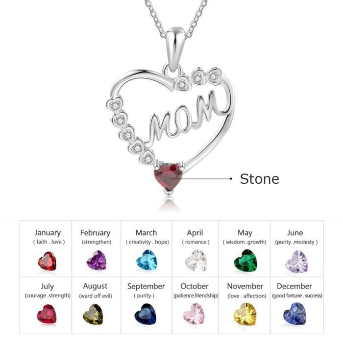 Personalized Heart Necklace with MOM Engraved & Custom Zirconia Birthstone Pendant, Jewelry gift Necklace for Mother