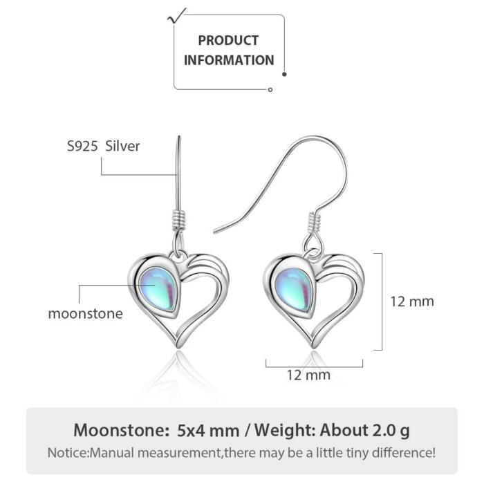 925 Sterling Silver Dangling Earrings - Heart Charm Rainbow Moonstone Earring for Women - Moonstone Earrings for Women - Fashion Accessory for Women - Stylish Earrings for Women