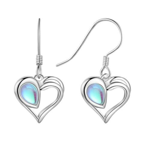 925 Sterling Silver Dangling Earrings - Heart Charm Rainbow Moonstone Earring for Women - Moonstone Earrings for Women - Fashion Accessory for Women - Stylish Earrings for Women