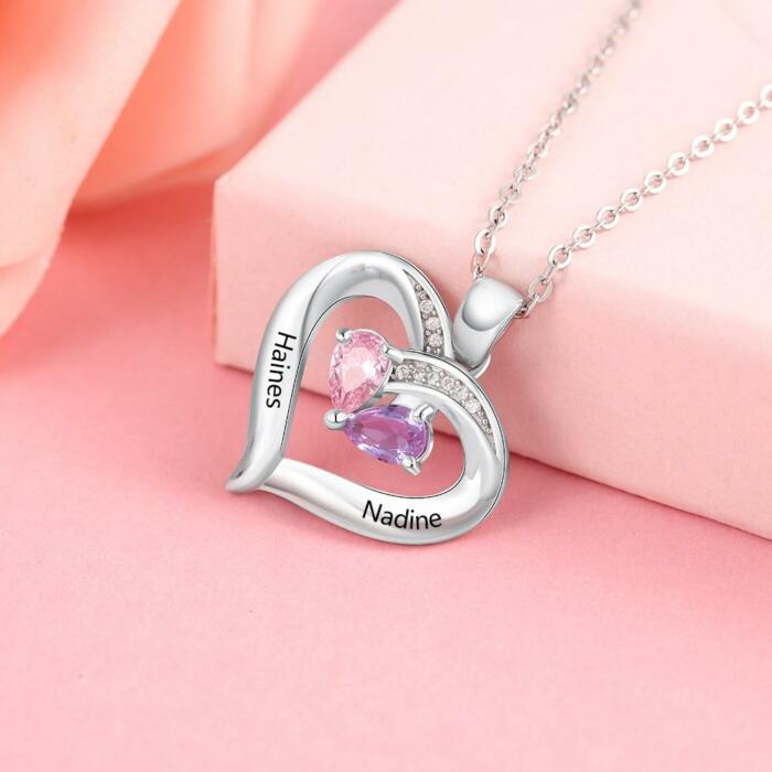 925 Silver Heart Pendant for Women, Two Personalized Birthstones & Name Engravings Necklace