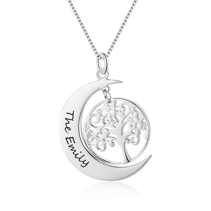 Personalized Jewellery for Women, Tree of Life Moon Pendant for Women, One Name Engraving Pendant for Women, Metal Necklace for Women