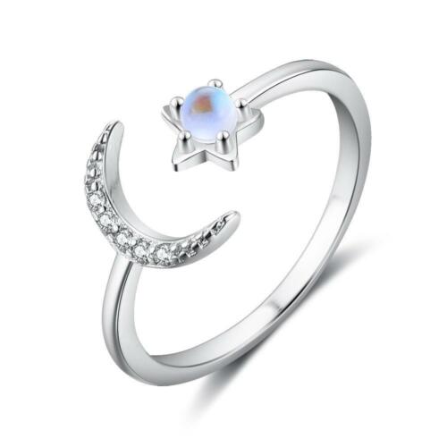 925 Sterling Silver Moon Ring - Adjustable Moon Star Engagement Ring - Trendy Wedding Bands - Unique Cubic Zirconia Stones Wedding Cuff Ring - Suitable for Kids, Women, Teens