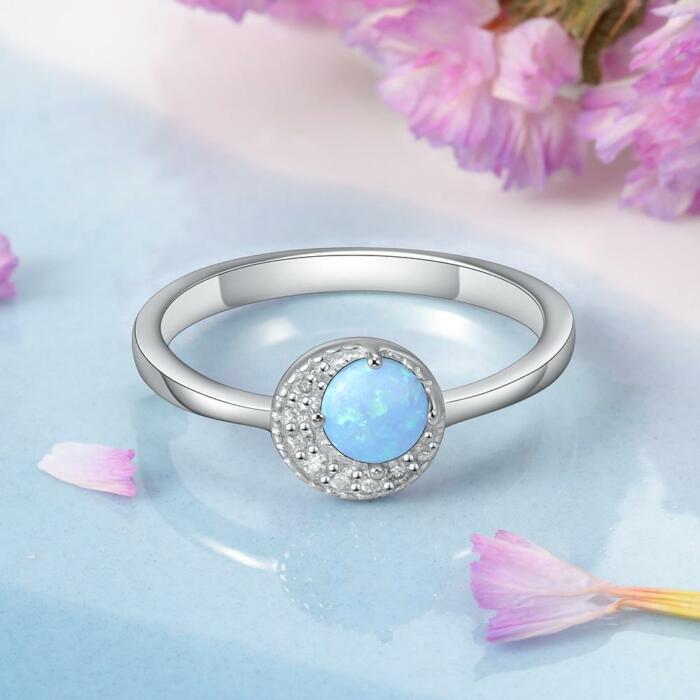 Unisex Plain Opal Rings - 925 Sterling Silver Round Blue Opal Ring - Trendy Wedding Bands Women - Suitable for Friends & Family