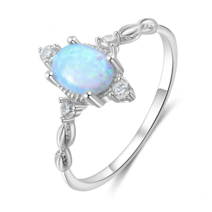 Classic Sterling Silver Oval Shaped Opal Ring - Zirconia Fine Jewelry