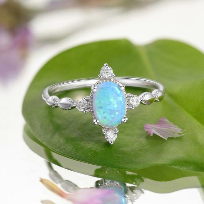 Classic Sterling Silver Oval Shaped Opal Ring - Zirconia Fine Jewelry