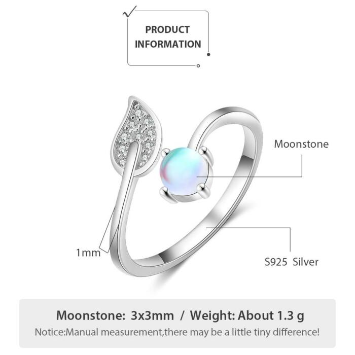 925 Sterling Silver Promise Ring - Adjustable Leaf & Round Moonstone Wedding Ring - Fashion Jewelry Collection Band - Perfect Choice For Women Of All Ages