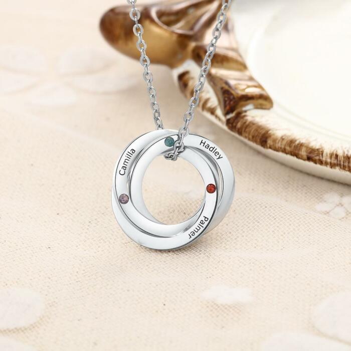 Personalized Jewelry - Birthstone Intertwined Circle Pendant - Customized Name Engraved Jewelry