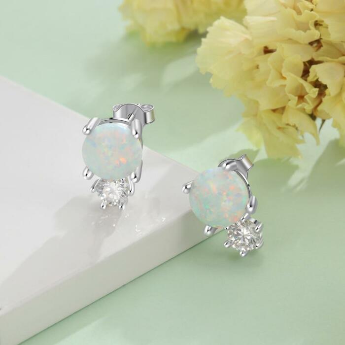 Sterling Silver White Opal Stud Earring - Fashionable Accessory for Women - Zirconia Stud Jewelry for Women - Everyday Wear Accessory for Women - Round Opal Stud Earring