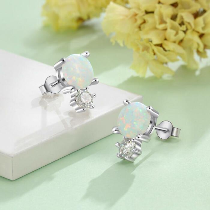 Sterling Silver White Opal Stud Earring - Fashionable Accessory for Women - Zirconia Stud Jewelry for Women - Everyday Wear Accessory for Women - Round Opal Stud Earring