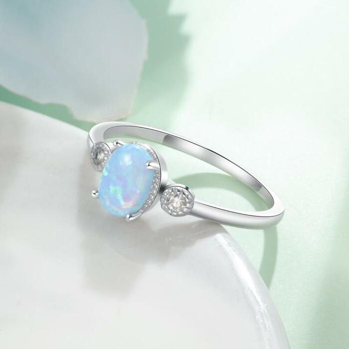 Classic Oval Blue Opal Wedding Ring - Sterling Silver Ring - Trendy Engagement Ring Gift for Women - Fashion Ring Jewelry Gift for Women, Men - Unisex Wedding Silver Ring