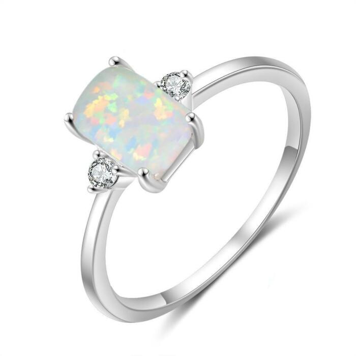 925 Sterling Rectangular Silver Ring - Classy White Opal Ring - Cubic Zirconia for Women - Fashion Trend Jewelry Gift for Women - Suitable To Women Of All Ages